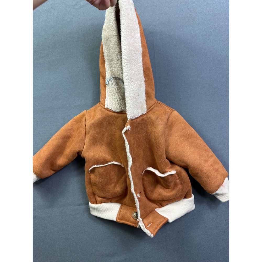 Kids Tan Faux Suede Shearling Lined Hooded Bomber Jacket with Bear Ears Size 12M